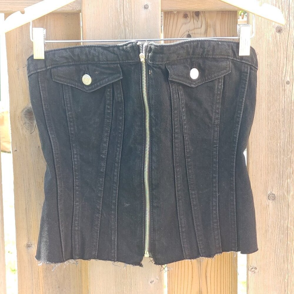 ZARA Denim Corset Bustier Top Women's Size Large Strapless Black Zipper BNWT